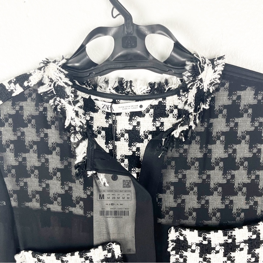 ZARA Black Sheer Buffalo Plaid Pockets Back Panel Cuff Long Sleeve Button Top - Picture 8 of 11
